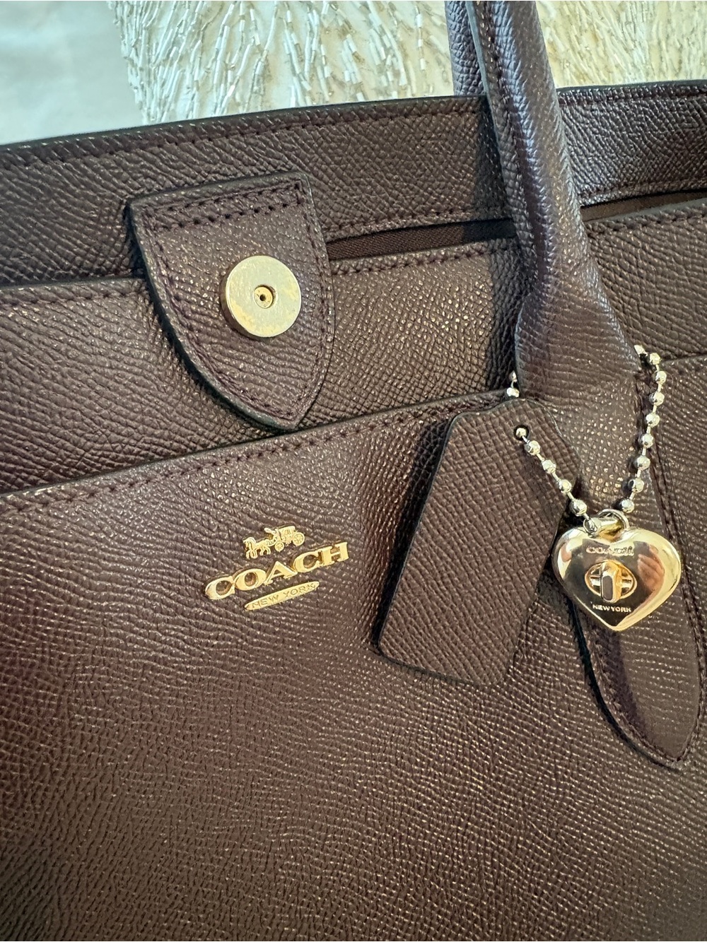 Coach Dark Brown Leather Tote with Gold Heart Charm - Picture 7 of 12